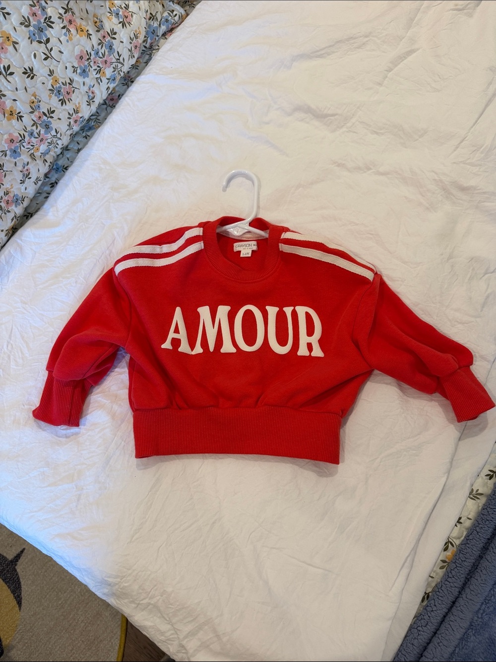 Kids Red 'AMOUR' Sweatshirt with White Stripe Detail